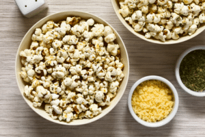 Homemade fresh savory popcorn with cheese, garlic and dried oregano in bowls, photographed overhead with natural light