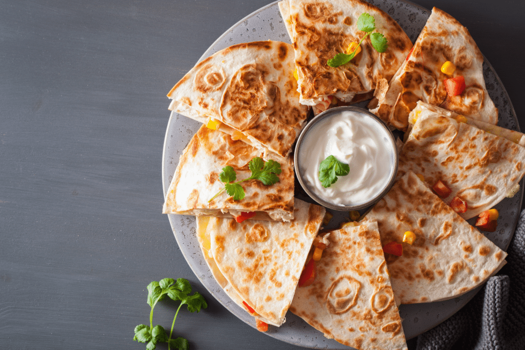 Tex-Mex quesadilla sliced and displayed on a plate