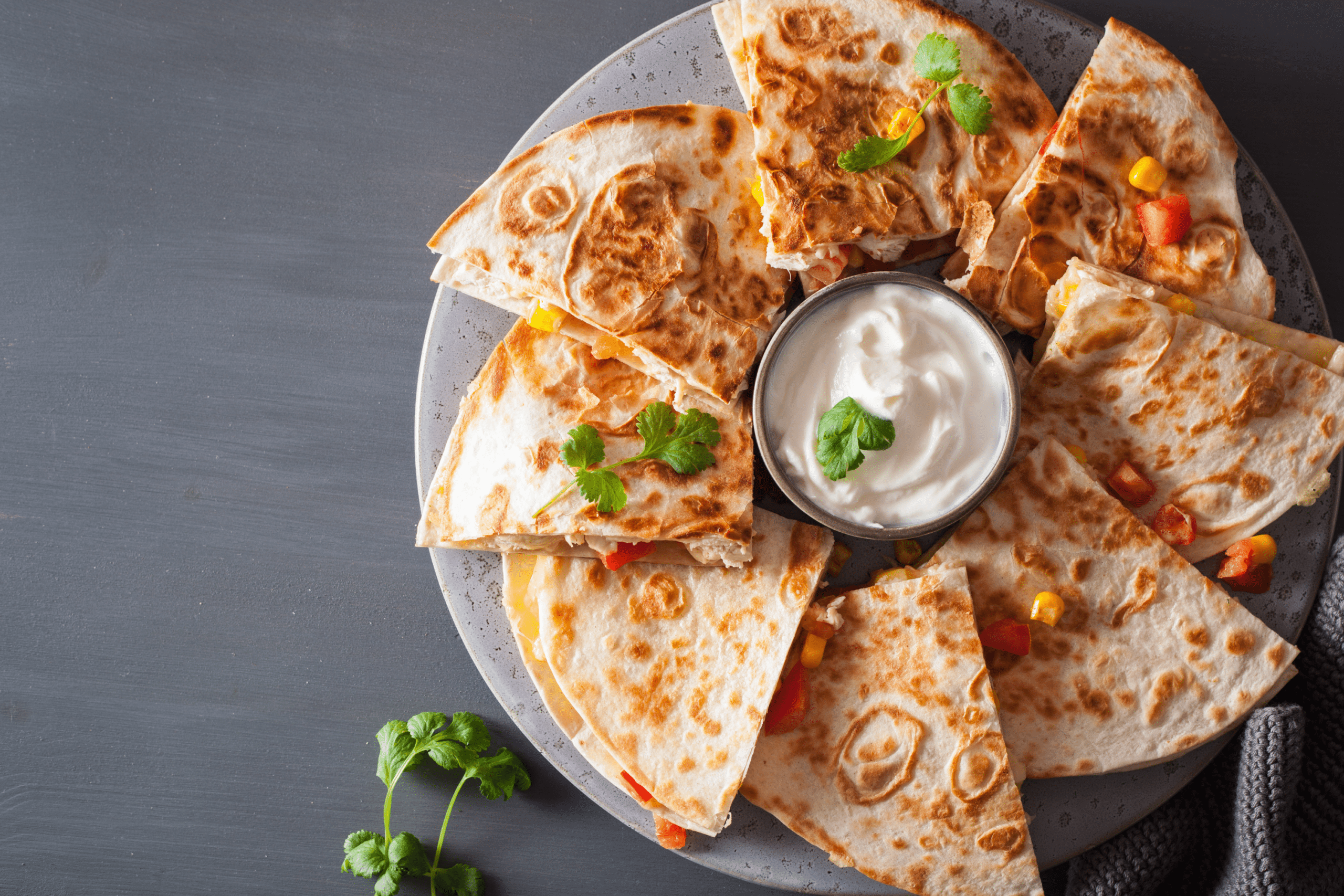 Tex-Mex quesadilla sliced and displayed on a plate